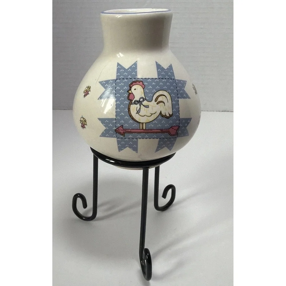 Small Rooster on an Arrow Bud Vase Blue Quilted Design With Flower Cottagecore